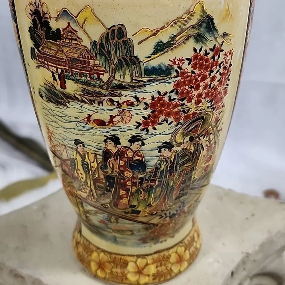 Hand Painted Japanese Water and Mountain Scene Vase Urn